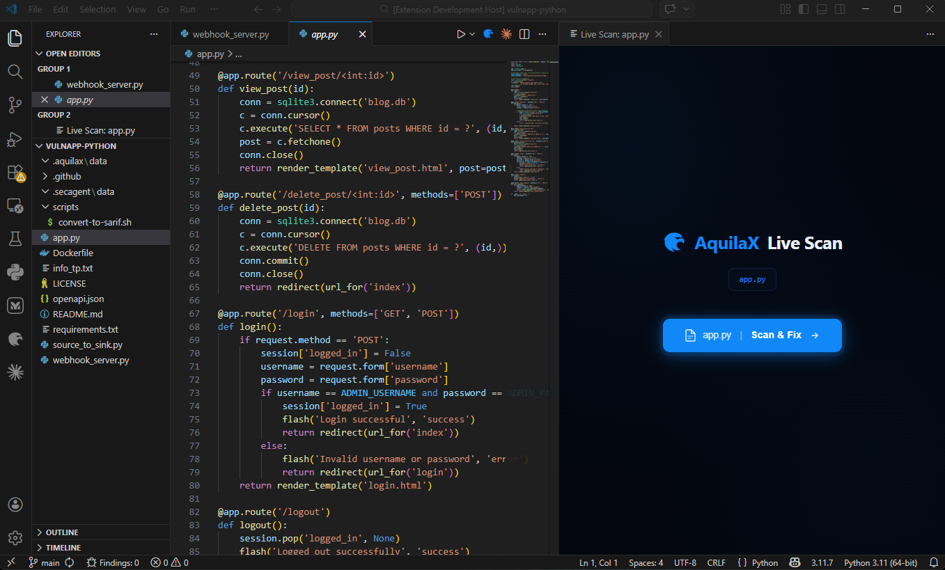 The full AquilaX Live Scan panel inside VS Code